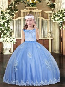 Customized Baby Blue Sleeveless Floor Length Beading and Appliques Zipper Girls Pageant Dresses