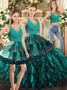 Luxurious Turquoise Quinceanera Gown Sweet 16 and Quinceanera with Appliques and Ruffles V-neck Sleeveless Backless