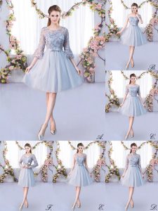 Grey Empire Tulle Scoop 3 4 Length Sleeve Lace and Belt Knee Length Lace Up Quinceanera Court of Honor Dress