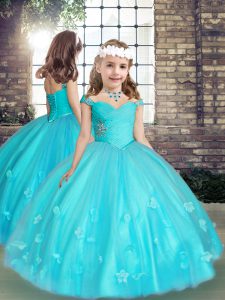 Shining Tulle Straps Sleeveless Lace Up Beading and Hand Made Flower Little Girl Pageant Gowns in Aqua Blue