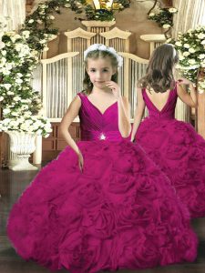 Fuchsia Pageant Dresses Party and Sweet 16 and Wedding Party with Beading V-neck Sleeveless Backless