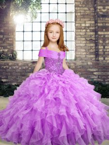 Best Organza Straps Sleeveless Lace Up Beading and Ruffles Little Girls Pageant Gowns in Lavender