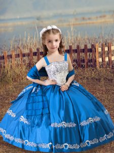 Blue Ball Gowns Satin Straps Sleeveless Beading and Embroidery Floor Length Lace Up Little Girls Pageant Dress Wholesale