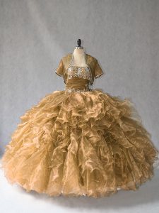 Wonderful Floor Length Lace Up Sweet 16 Dresses Brown for Sweet 16 and Quinceanera with Beading and Ruffles