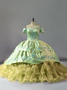 Excellent Lace Up Quince Ball Gowns Yellow Green for Sweet 16 and Quinceanera with Embroidery and Ruffles Chapel Train