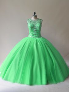 Green Scoop Lace Up Beading Quince Ball Gowns Sleeveless
