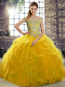 Beautiful Gold Off The Shoulder Neckline Beading and Ruffles Sweet 16 Quinceanera Dress Sleeveless Lace Up