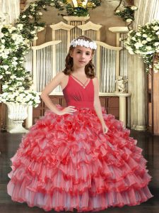 Fashion Coral Red Ball Gowns Organza V-neck Sleeveless Ruffles and Ruffled Layers Floor Length Zipper Kids Pageant Dress