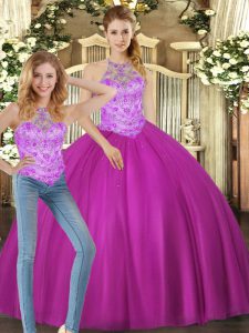 Floor Length Lace Up 15th Birthday Dress Fuchsia for Sweet 16 and Quinceanera with Beading