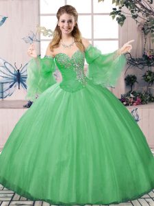 Green Tulle Lace Up Sweetheart Long Sleeves Floor Length Vestidos de Quinceanera Beading