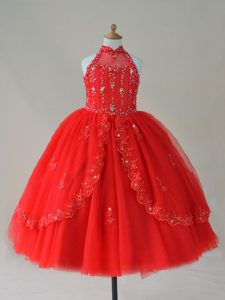 Red Ball Gowns Beading and Appliques Kids Pageant Dress Lace Up Tulle Sleeveless Floor Length