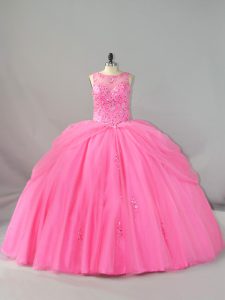 Rose Pink Lace Up Sweet 16 Dress Beading and Appliques Sleeveless Brush Train