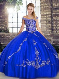 Fabulous Floor Length Royal Blue Quinceanera Gown Off The Shoulder Sleeveless Lace Up