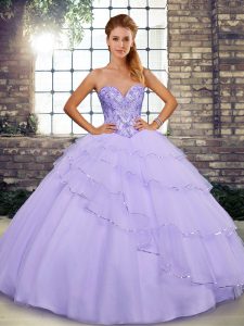 Classical Lavender Sweetheart Lace Up Beading and Ruffled Layers Sweet 16 Quinceanera Dress Brush Train Sleeveless