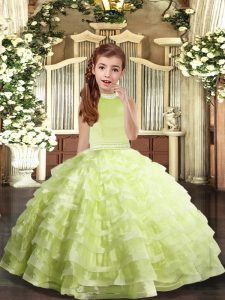 Sleeveless Organza Floor Length Backless Little Girl Pageant Dress in Yellow Green with Beading and Ruffled Layers