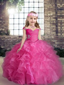 Chic Straps Sleeveless Lace Up Child Pageant Dress Hot Pink Organza