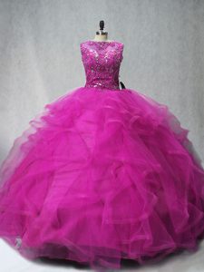 Fabulous Fuchsia Sweet 16 Dresses Sweet 16 and Quinceanera with Beading and Ruffles Scoop Sleeveless Brush Train Lace Up