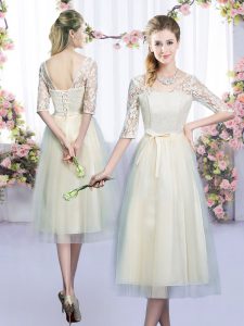 Admirable Tea Length Lace Up Court Dresses for Sweet 16 Champagne for Wedding Party with Lace and Bowknot