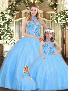 Glorious Baby Blue Sleeveless Floor Length Embroidery Lace Up Quince Ball Gowns