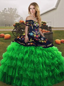 Popular Off The Shoulder Sleeveless Sweet 16 Quinceanera Dress Floor Length Embroidery and Ruffled Layers Green Organza