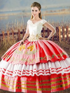 Perfect Satin Sleeveless Floor Length Vestidos de Quinceanera and Embroidery and Ruffled Layers