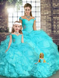 Low Price Off The Shoulder Sleeveless Organza Quinceanera Gowns Beading and Ruffles Lace Up