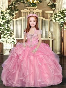 Straps Sleeveless Little Girl Pageant Dress Floor Length Beading Baby Pink Organza