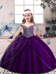 Eye-catching Beading Little Girls Pageant Dress Wholesale Eggplant Purple Lace Up Sleeveless Floor Length