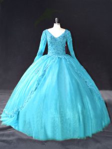 Elegant Aqua Blue Long Sleeves Floor Length Lace and Appliques Lace Up Ball Gown Prom Dress