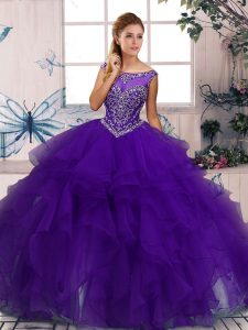 Purple Ball Gowns Scoop Sleeveless Organza Floor Length Zipper Beading and Ruffles Sweet 16 Dresses