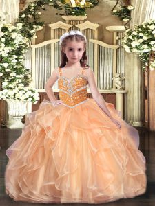Elegant Sleeveless Organza Floor Length Lace Up Pageant Dresses in Peach with Beading and Ruffles
