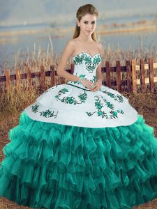 Amazing Sweetheart Sleeveless Vestidos de Quinceanera Floor Length Embroidery and Ruffled Layers and Bowknot Turquoise Organza
