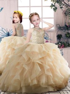 Trendy Sleeveless Floor Length Beading and Ruffles Zipper Little Girl Pageant Dress with Champagne