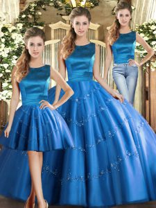 Smart Appliques Quince Ball Gowns Blue Lace Up Sleeveless Floor Length