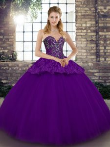 Purple Tulle Lace Up Quinceanera Gowns Sleeveless Floor Length Beading and Appliques