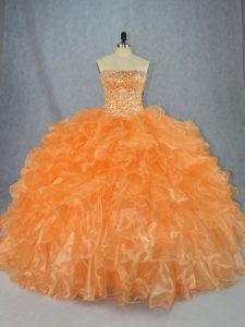 Custom Designed Floor Length Lace Up Sweet 16 Dresses Orange for Sweet 16 and Quinceanera with Beading and Ruffles