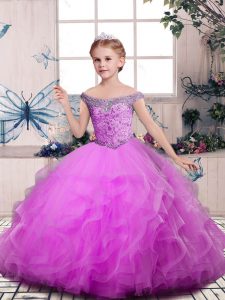 Floor Length Lilac Child Pageant Dress Off The Shoulder Sleeveless Lace Up
