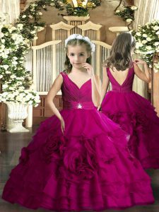 Fuchsia Ball Gowns V-neck Sleeveless Floor Length Backless Beading Little Girl Pageant Dress