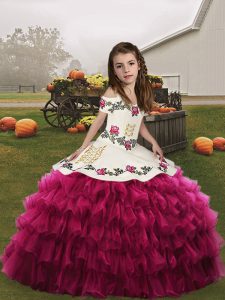 Edgy Spaghetti Straps Sleeveless Organza Kids Pageant Dress Embroidery and Ruffled Layers Lace Up