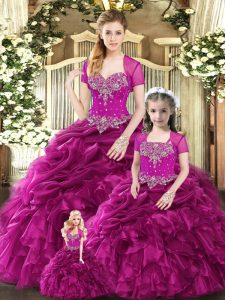 Sumptuous Sweetheart Sleeveless Quinceanera Dress Floor Length Beading and Ruffles and Pick Ups Fuchsia Organza