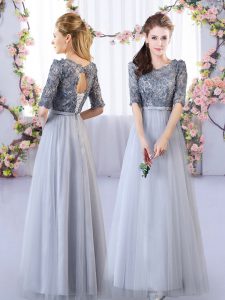 Grey Half Sleeves Floor Length Appliques Lace Up Court Dresses for Sweet 16