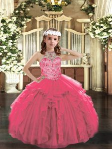 Hot Pink Tulle Lace Up Halter Top Sleeveless Floor Length Pageant Dress Womens Beading and Ruffles