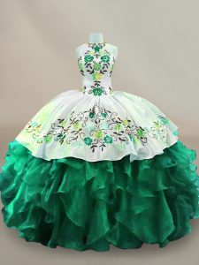 Dark Green Organza Lace Up Quinceanera Dress Sleeveless Floor Length Embroidery
