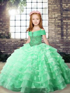 Stylish Apple Green Straps Neckline Beading and Ruffled Layers Child Pageant Dress Sleeveless Lace Up