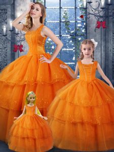 Graceful Orange Sleeveless Ruffled Layers Floor Length Vestidos de Quinceanera