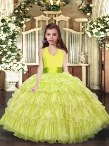 Yellow Green Lace Up Halter Top Ruffled Layers Little Girls Pageant Gowns Organza Sleeveless