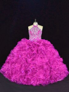 Fashionable Floor Length Fuchsia Quinceanera Gowns Halter Top Sleeveless Lace Up