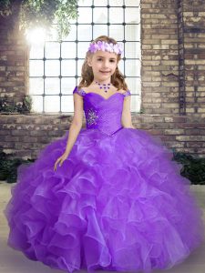 Floor Length Lace Up Kids Pageant Dress Purple for Party and Wedding Party with Beading