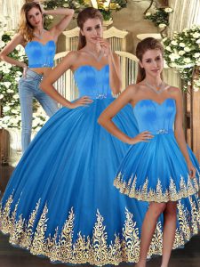 Baby Blue Tulle Lace Up Sweetheart Sleeveless Floor Length Quinceanera Gowns Embroidery