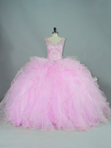 Luxurious Lilac Ball Gowns V-neck Sleeveless Tulle Brush Train Lace Up Beading and Ruffles Sweet 16 Quinceanera Dress